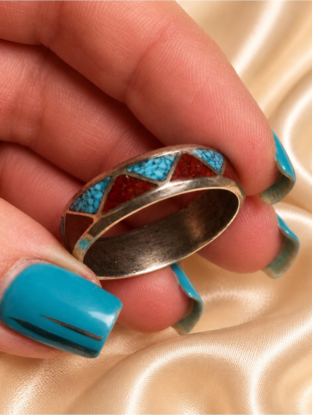 Vintage Zuni Sterling Turquoise & Red Spiny Oyster Inlay Band Ring Size 15